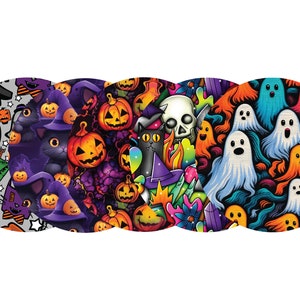 May include: A collection of Halloween-themed designs featuring pumpkins, black cats, witch hats, skulls, ghosts, and colorful patterns. The illustrations are vibrant and playful, perfect for seasonal decorations or crafts.