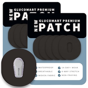 May include: Package of black, round, adhesive patches labeled "GLUCOMART PREMIUM PATCH." The patches are designed to be worn for 14 days and are waterproof, breathable, 8-way stretch, and non-fraying.
