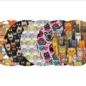 May include: A whimsical illustration featuring a collage of cat-themed patterns. The designs include cat paws, various cat faces, and tattoo-style graphics with cats, hearts, and the text "MEAW YOUR". The color palette is diverse, with shades of orange, black, pink, and blue.