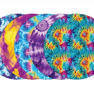 May include: Five round tie-dye fabric coasters in various colors, including blue, yellow, purple, and pink.