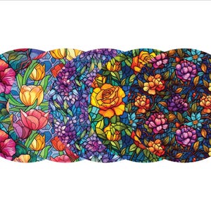 May include: Four round designs with floral patterns. The designs feature a variety of flowers, including hibiscus, tulips, roses, and other blooms, in a stained-glass style. The color palette includes shades of pink, yellow, purple, and blue.
