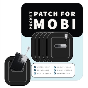 May include: A pack of black fabric patches designed to be used with a mobile phone. The patches are waterproof, breathable, and woven. The text on the packaging reads "PATCH FOR MOBI".