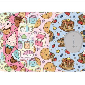 May include: A patterned medical device cover featuring three distinct designs. One section showcases kawaii food illustrations like ramen, ice cream, and sushi. Another features cookies, milk, and sushi. The third design displays pancakes, waffles, and berries.