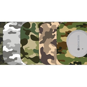 May include: A collection of camouflage-patterned adhesive patches for a medical device, featuring various shades of green, brown, and gray. One patch has a gray device with the text "dexcom".