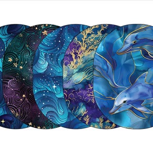 May include: Five round blue and gold patterned coasters with a design of dolphins swimming in the ocean. The coasters have a dark blue, purple, and gold swirl pattern on the outer edges.