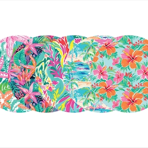 May include: A collection of five circular designs featuring vibrant tropical patterns. The designs include starfish, floral, and beach scenes with palm trees and hibiscus flowers in shades of pink, orange, green, and blue.