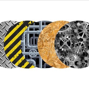 May include: An abstract design featuring five overlapping circular shapes. The circles display various textures: diamond plate, yellow and black hazard stripes, metallic pipes, wood grain, and gears, creating an industrial theme.