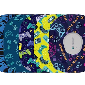 May include: Four different patterned round stickers with a game controller theme. The stickers are blue, green, yellow, and pink with black, white, and purple accents. The stickers have the text "Game Zone" and "Let's Play" on them.