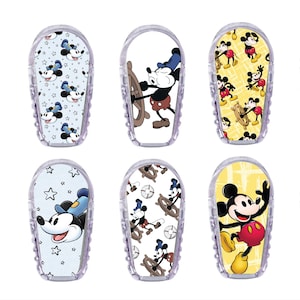 May include: Set of ten colorful adhesive stickers featuring Mickey Mouse in various poses and designs. The stickers are designed to fit a medical device.