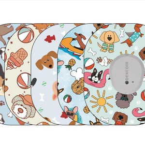 May include: Four different designs of adhesive stickers for a Dexcom G6 continuous glucose monitor. Each sticker features a light blue background with a variety of dog breeds, including a German Shepherd, a Dachshund, a Boston Terrier, and a Poodle. The stickers also feature various summer-themed icons, such as beach balls, ice cream cones, and palm trees.