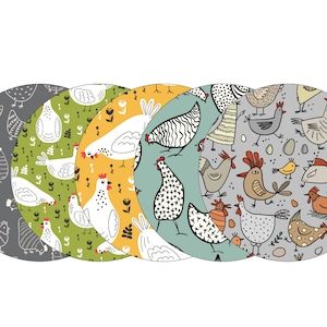 May include: Set of five round coasters featuring a whimsical chicken and egg design. The coasters are in various colors, including gray, green, yellow, blue, and light gray. Each coaster has a different pattern of chickens and eggs.