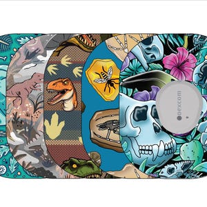 May include: Five different designs for a Dexcom G6 continuous glucose monitor skin decal. The designs include a blue and green ocean scene with a dinosaur, a brown and green dinosaur scene with footprints, a blue and green dinosaur scene with a skull, a blue and green tropical scene with a skull, and a blue and green tropical scene with a toucan.
