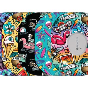 May include: A collection of Dexcom G6 sensor covers with vibrant, colorful designs. The patterns include skulls, tropical elements, and beach-themed graphics. One cover features a gray sensor.