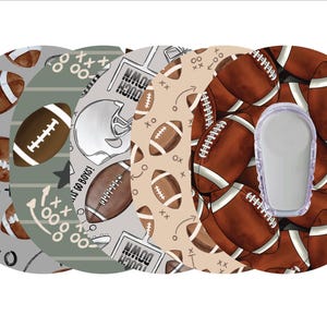 May include: A collection of circular designs featuring football-themed patterns. The designs include footballs, play diagrams, and a football helmet. The color palette consists of brown, gray, and beige tones. A clear, oval-shaped object is in the center.