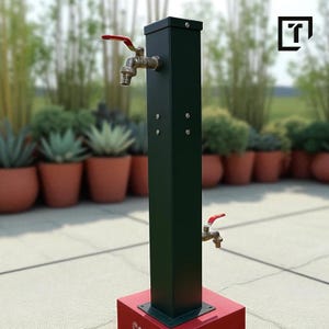 Könnte beinhalten: Ein dunkelgrüner Wasserhahn für den Außenbereich mit zwei Messinghähnen und roten Griffen. Der Wasserhahn ist auf einem roten Sockel montiert und von Topfpflanzen umgeben. Das Logo eines stilisierten Buchstaben "T" befindet sich in der oberen rechten Ecke.
