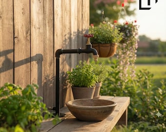 Inox Industrial Style Garden Faucet, Black Metal Standpipe, on the sink