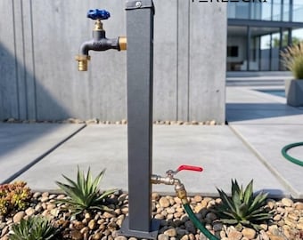 May include: A dark gray metal water post featuring a top-mounted faucet with a blue handle and a lower-mounted brass spigot with a red lever connected to a green garden hose. The text TERLECKI is visible in the upper right corner of the image.
