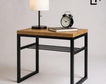 Solid Wood Industrial Nightstand | Metal Frame Loft Bedside Table