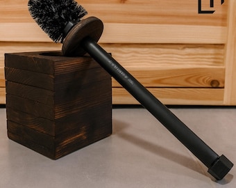 Industriële toiletborstel met houten houder – rustieke badkameraccessoire loft, handgemaakt pijpdecor