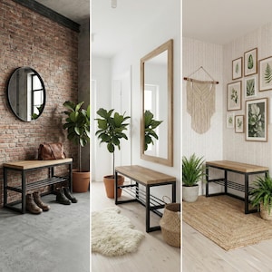 May include: Wooden benches with black metal frames and storage shelves. The benches are displayed in three different interior settings, including a brick wall, a white hallway, and a room with botanical prints.