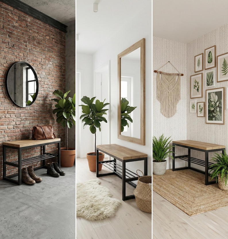 May include: Wooden benches with black metal frames and storage shelves. The benches are displayed in three different interior settings, including a brick wall, a white hallway, and a room with botanical prints.