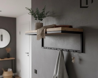 Industrial Oak Entryway Shelf with Hooks: Minimalist Metal Frame