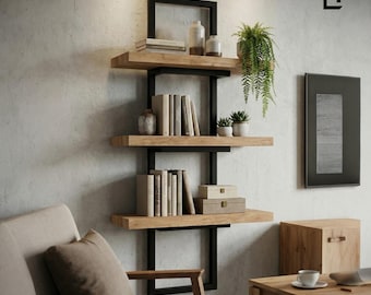Loft Style Wall Mounted Shelving | Custom Rustic Oak & Steel Home Office Bookcase | Housewarming Gift