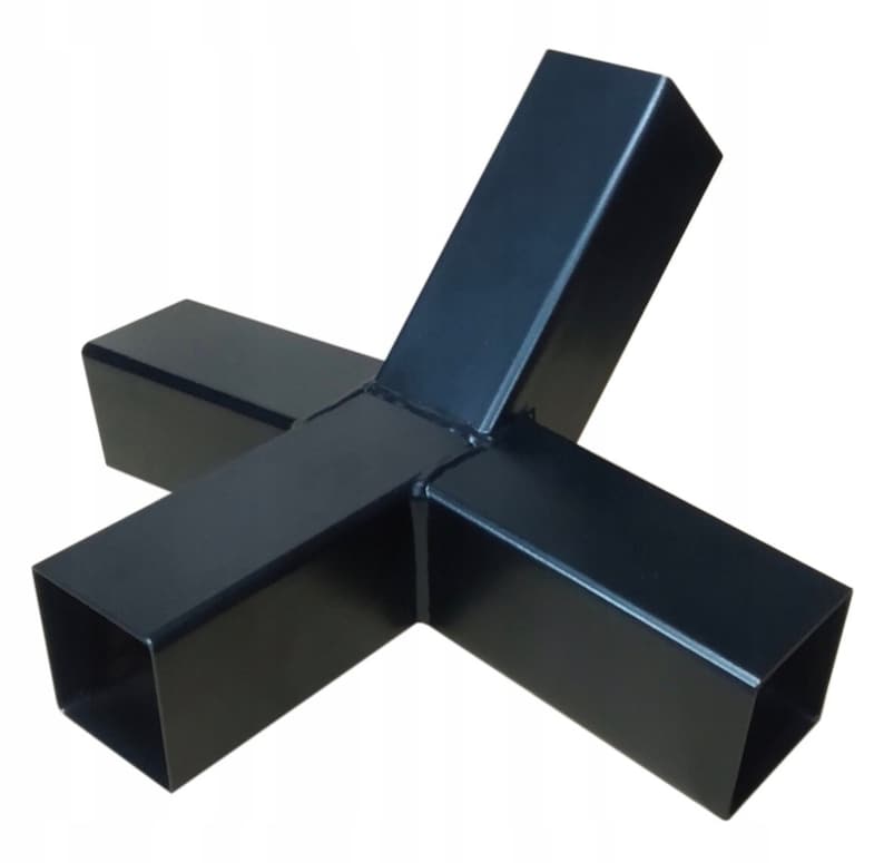 May include: A black metal structural connector featuring a three-way junction design with hollow square tubing. The component has a matte finish and visible welded seams at the central intersection point, designed for joining square metal beams.