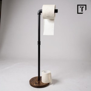 Industrial Pipe Toilet Paper Holder | Standing Roll Dispenser, Wood Base