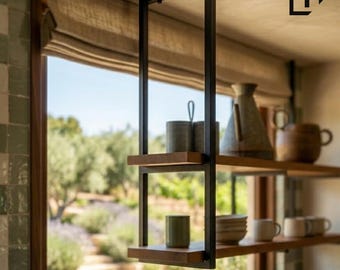 2-Tier Black Metal Ceiling Shelf, Industrial Modern Kitchen Bar Storage, Farmhouse Open Shelving