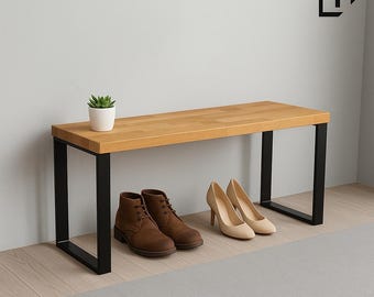 Industrial Oak Entryway Bench: Black Steel Legs, Loft Furniture