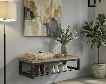 Industrial Oak Shoe Rack Bench: Entryway Seating, Steel Frame