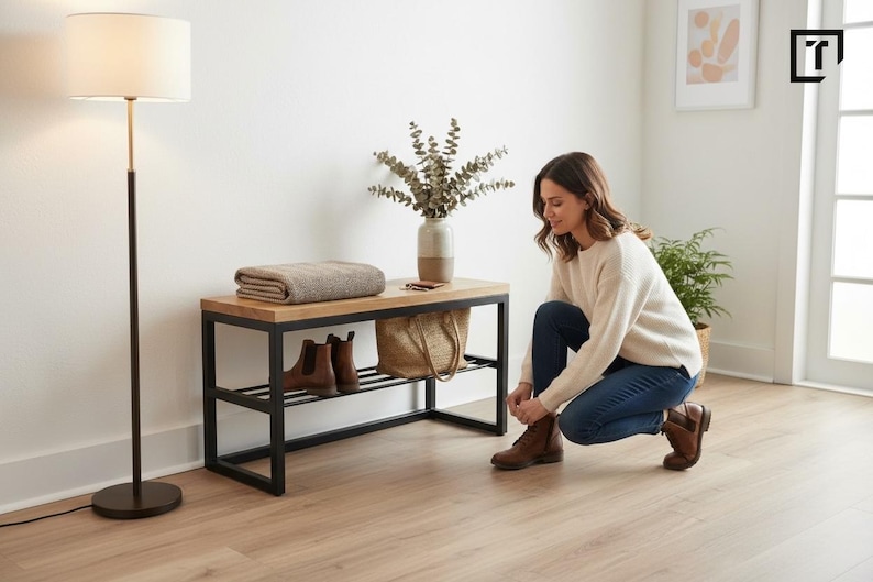 May include: A wooden and black metal shoe bench with a folded blanket, a vase with greenery, and a woven tote bag. Brown leather boots are on the lower shelf. A woman is tying her brown leather boots. A floor lamp is to the left.
