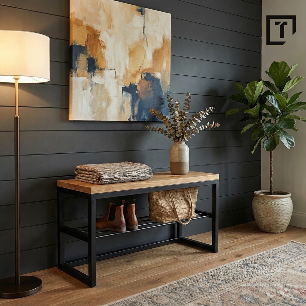 Panca Da Ingresso FOLUBAN In Stile Industriale – Legno Rovere Rustico E Telaio Metallico – 119 Cm – Con Ripiano Portascarpe – Per Corridoio, Soggiorno E Camera