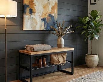 Industrielle Schuhregal-Bank aus Eiche: Eingangsbereich, Stahlrahmen