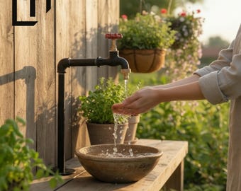 Inox Industrial Style Garden Faucet, Black Metal Standpipe, on the sink