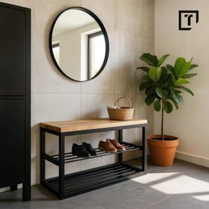 Industrial Oak Shoe Rack Bench: Entryway Seating, Steel Frame