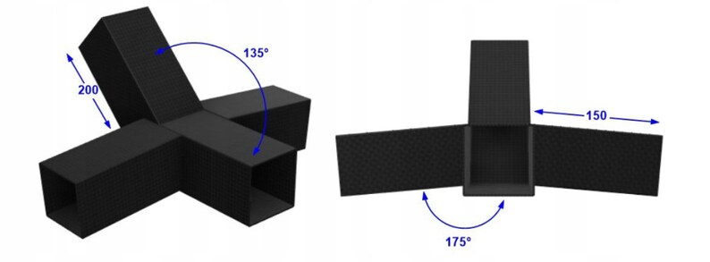 May include: A black, hollow, multi-directional square tubing connector with a textured surface. The component features multiple open ends and is labeled with dimensions 200 and 150, along with angular measurements of 135 degrees and 175 degrees.