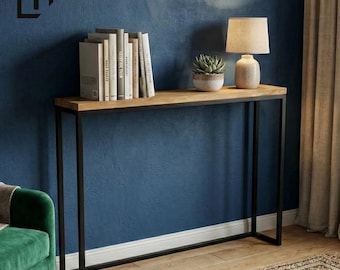 Modern Glam Console Table | Oak Top & Metal Frame | Minimalist Entryway Furniture