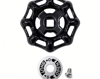 Vintage Black Faucet Handle Wheel Knob, Square Hole, Open Shut Indicator Plate