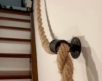 Poręcz lina jutowa balustrada | Stair hand rail, Bannister, jute handrail brackets, industrial, vintage Handlaufhalter Treppengeländer