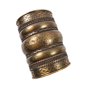 Vintage African Tribal Multi-Band Wide Cuff Bracelet -  African Goldtone Jewelry- Tuareg Berber Moroccan Style - Wide Brass Repoussé Jewelry