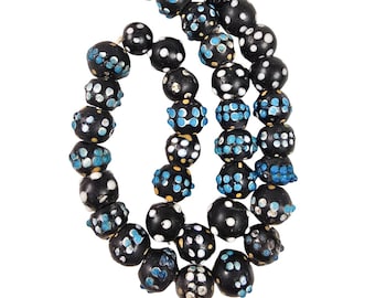 Rare Antique Venetian Raised Eye Trade Beads- 24.5" Strand - 57 Black Glass Beads- Colorful Dots Ethiopian African Trade Beads