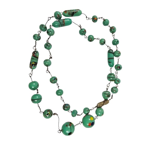 Vintage Czech Glass Bead Necklace -22.5" Speckled Green Glass Beads- Wire Chain- 34 Beads with Screw Clasp - Art Deco Necklace