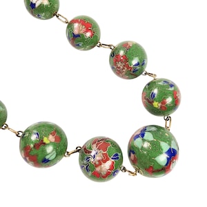 Vintage Chinese Cloisonne Enamel Necklace 31&quot; - Rare Green Floral Graduated Beads- Hong Kong Jewelry- Art Deco Statement Necklace