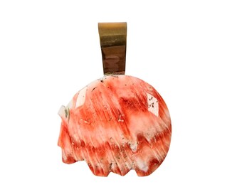 Vintage Carved Spiny Oyster Shell Fetish Pendant - Natural Orange Coral Scalloped Statement Jewelry - 2" Statement Pendant - Gold Tone Ring