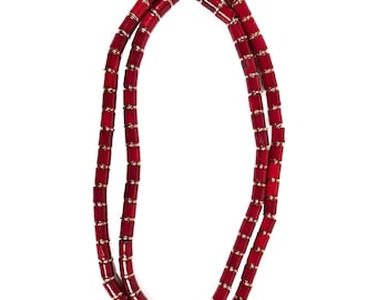 Vintage Czech Glass Tube Beads Red Enamel with Gold Spacers - 90 Beads -Complete Strand