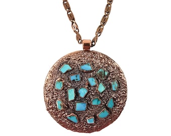 Vintage Bell Trading Post Copper Turquoise Inlay Pendant Necklace - Copper Twist Chain - 1960s Southwest Statement Jewelry