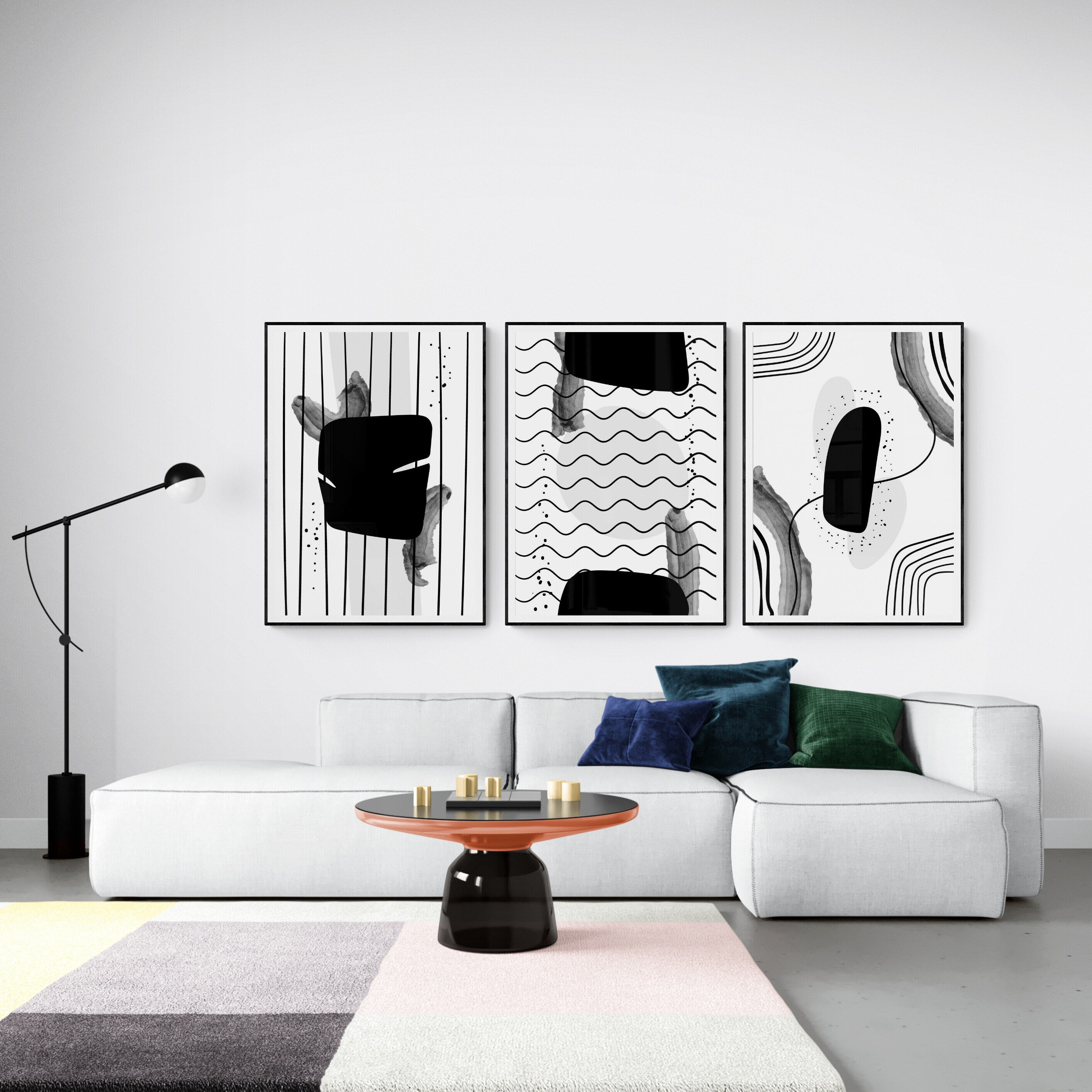Black and white digital print set of 3 geometric line print Etsy