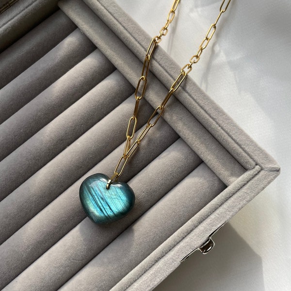 Blue  and green Labradorite heart pendant necklace, paper clip stainless steel chain - Christmas gift idea